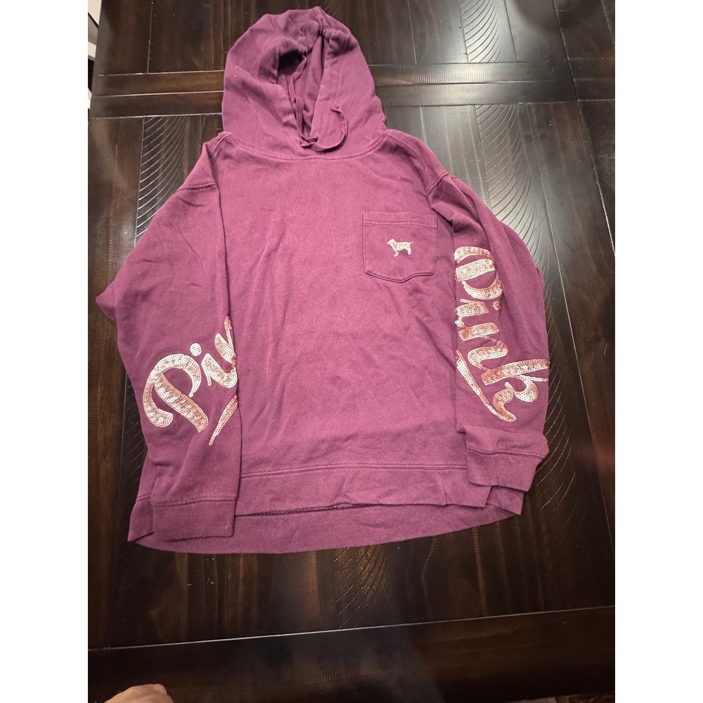 Victoria's Secret PINK Plum Purple Sequin Logo Pullover Hoodie Large